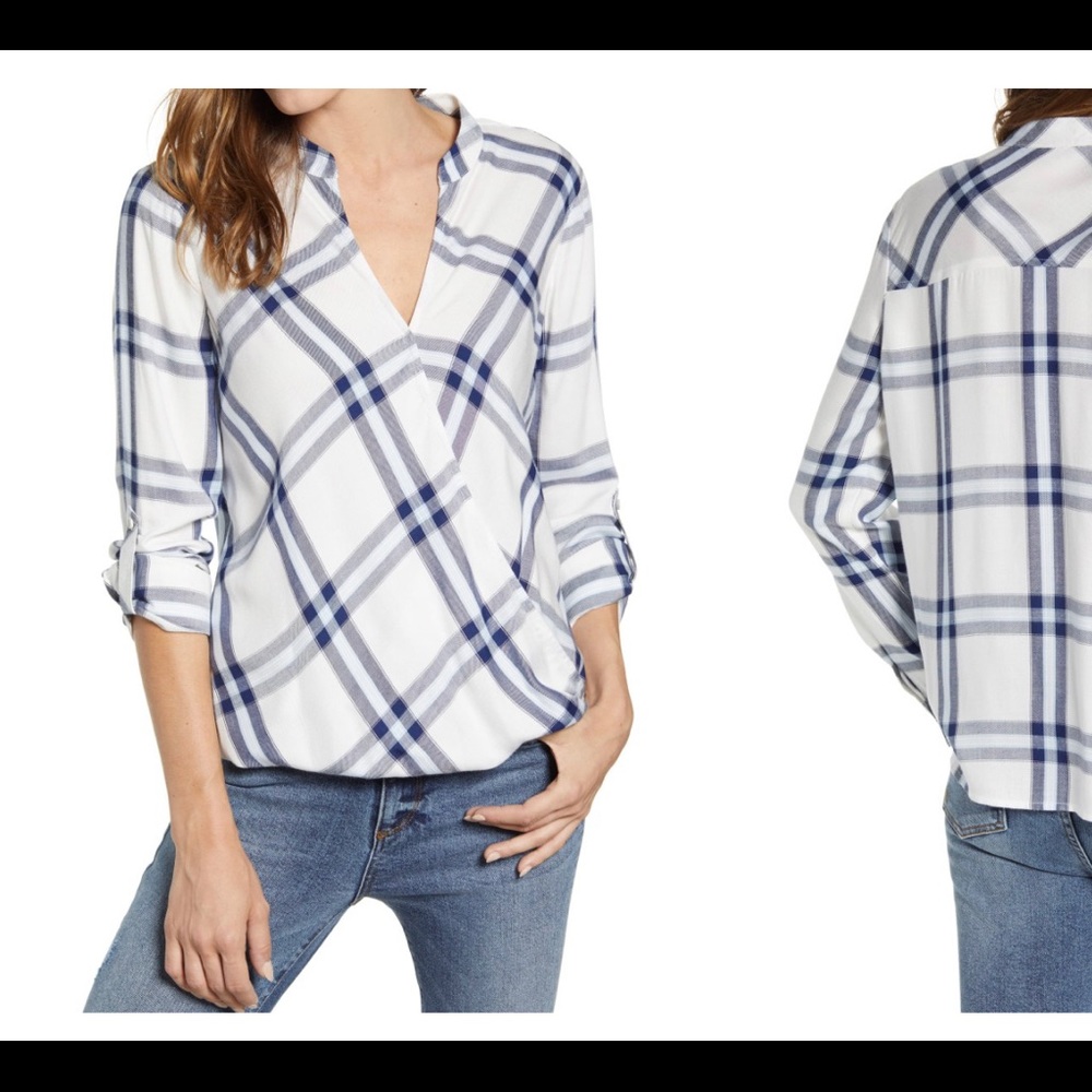 Vince Camuto Windowpane Plaid Faux Wrap Top